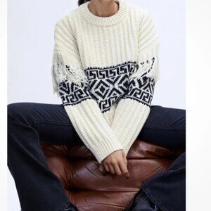 H&amp;M White Black Wool Mix Fringe Trimmed Jacquard  Knit Jumper size L